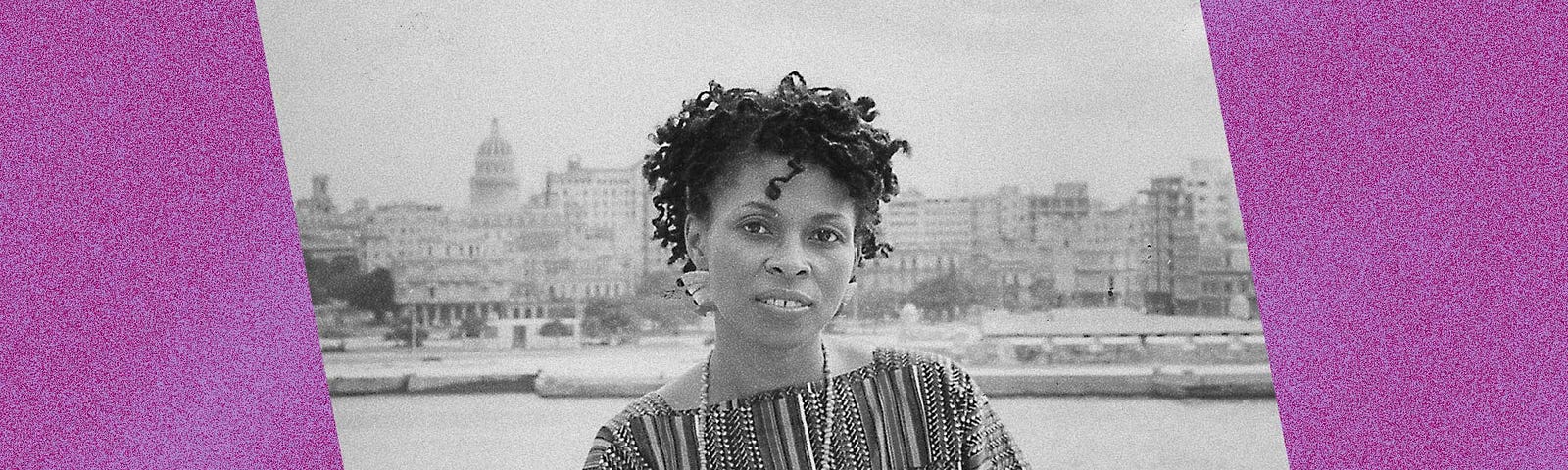 Photo illustration of a black-and-white photo of Assata Shakur against a violet background.