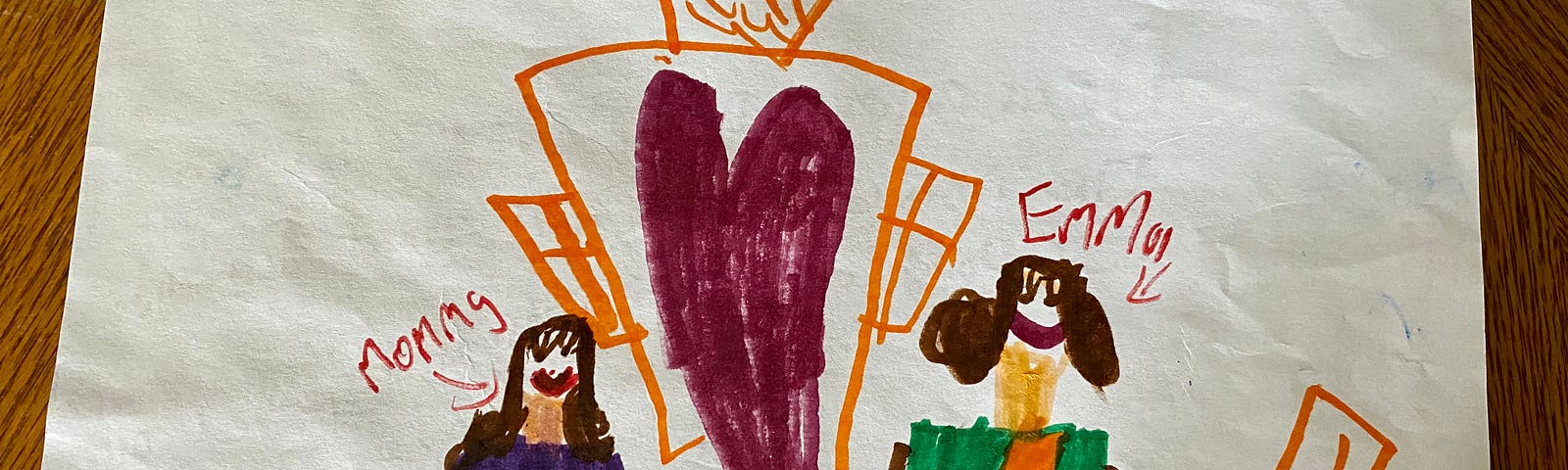 A child’s drawing of a mother and daughter holding notebooks with a heart between them.