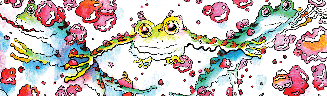 Trippy illustration of a frog flanked on either side by two other frogs.