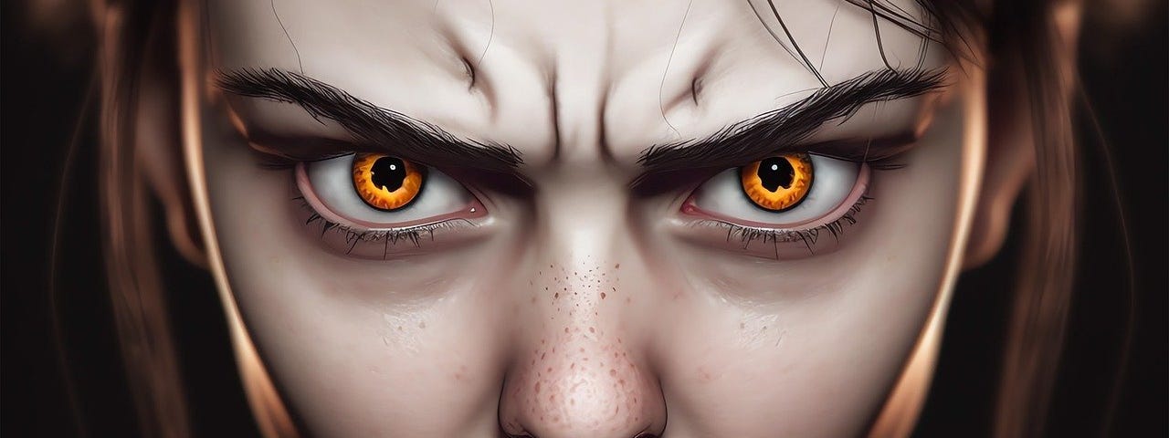 An AI-generated image of a young woman’s face with glowing orange eyes, scowling eyebrows and furrowed forehead.