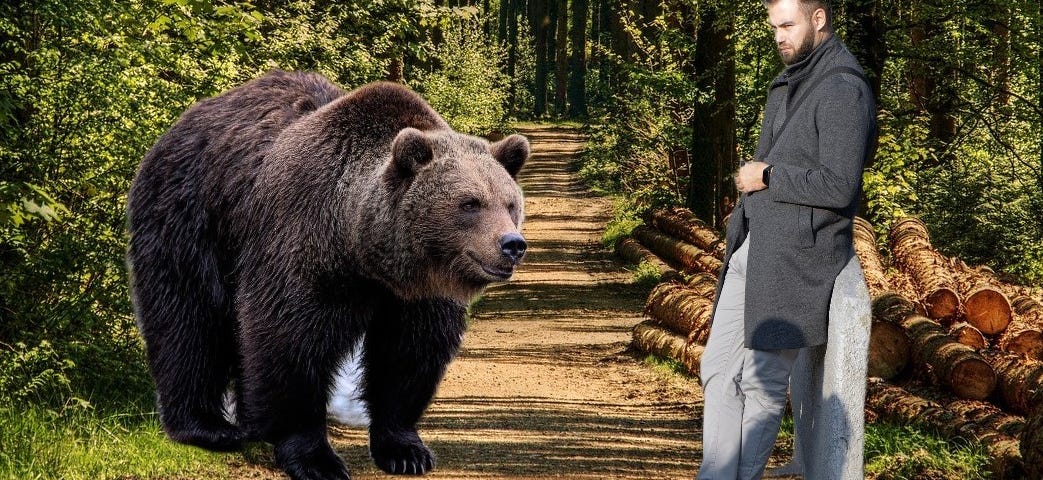 A man and a bear are standing in the woods