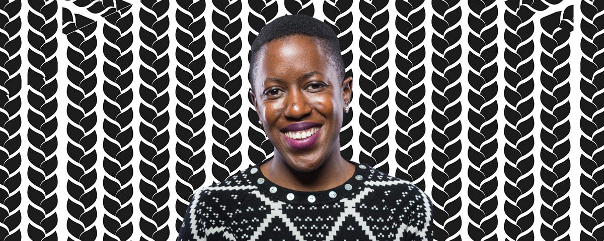 Nontsikelelo in a black-&-white diamond patterned sweater photoshopped onto a background of stylized black braids on white