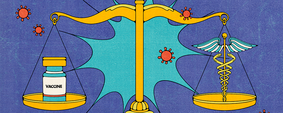 Illustration of a vaccine and the caduceus weighed on a scale.