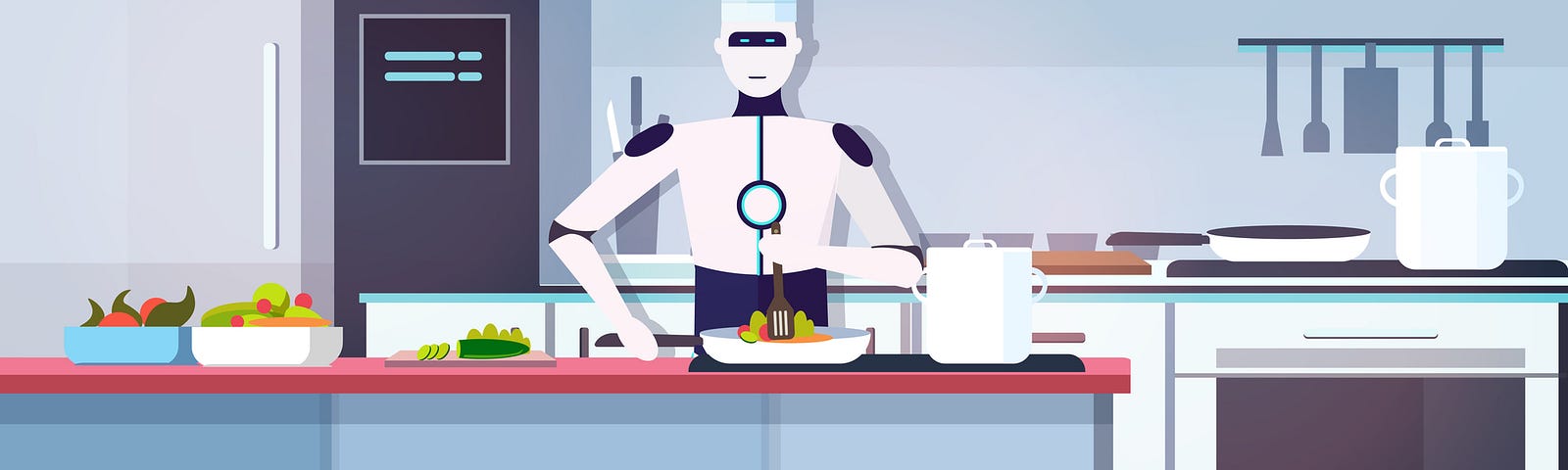 An illustration of a robotic chefs preparing food in kitchen.