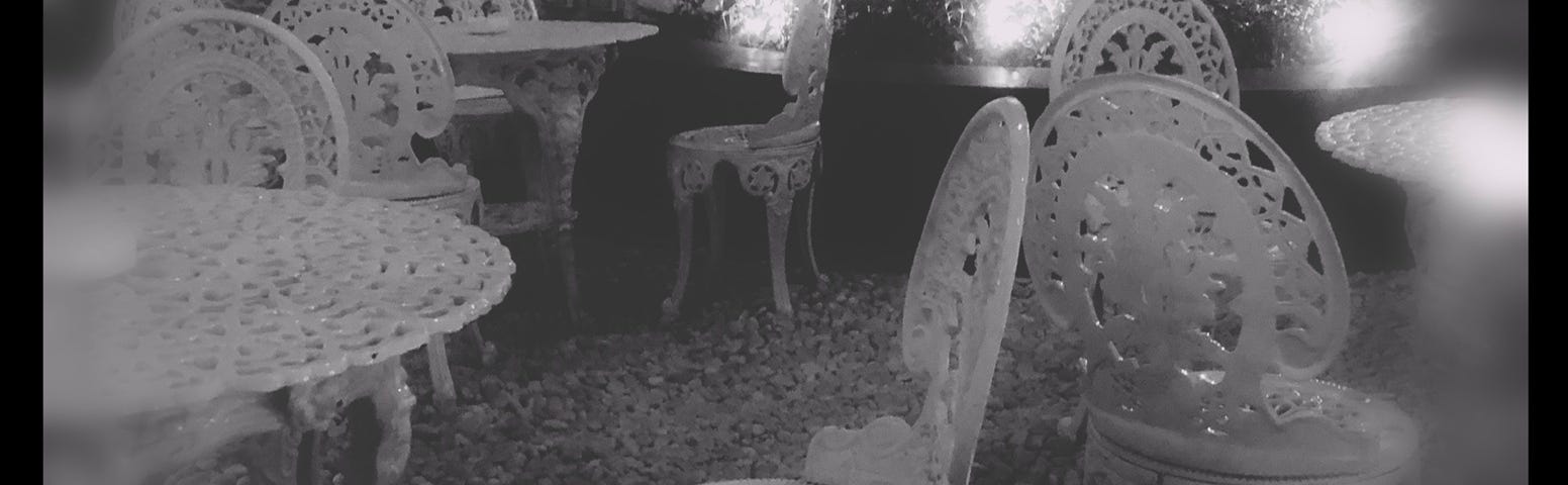 Photo: empty chairs in alwn by evening, poem by Monoreena