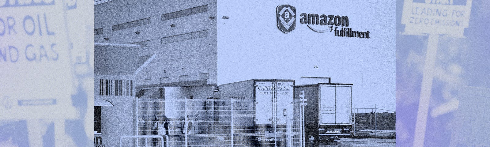 A treated photo collage of an Amazon warehouse facility juxtaposed on top of an Amazon workers protest.