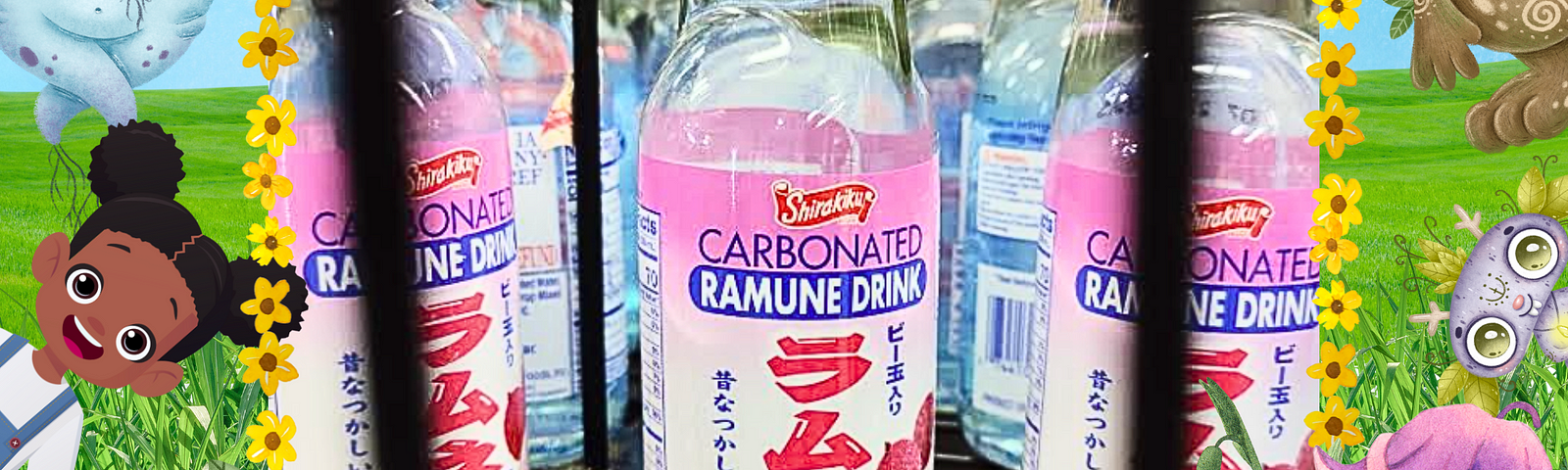 Clear glass bottles of a Japanese soft drink, photographed on a shelf in a grocery store. The image is surrounded by the colorful drawings of children and adorable fantasy woodland creatures.