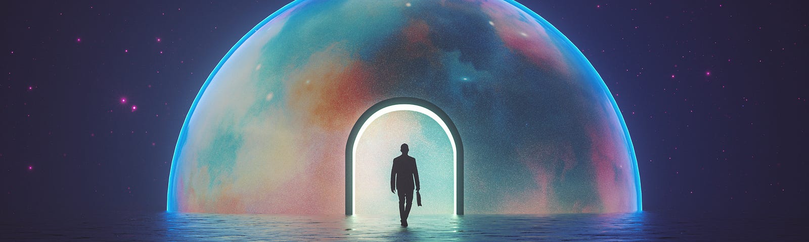 The silhouette of a businessman walking into a different dimension through a portal shaped like a globe.