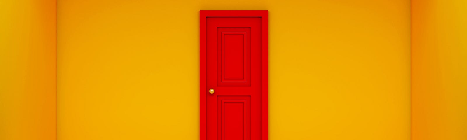 A photo of a red door in an empty room with bright yellow walls.