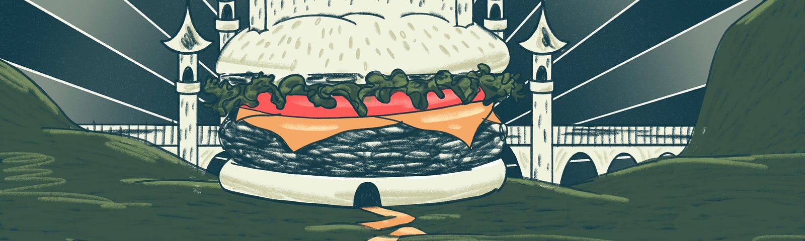 A drawing of a hamburger castle.