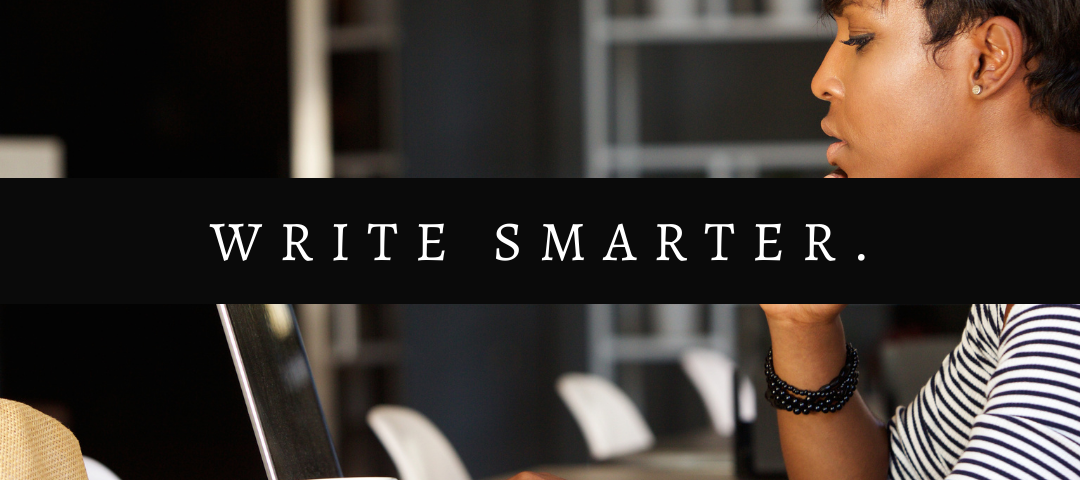 Cover image for Creative Intent by Aigner Loren Wilson. Picture of a Black person with short hair sitting at a table in front of a computer and a white mug. They have their hand on their chin as though they are thinking. The words over the image read: write smarter.