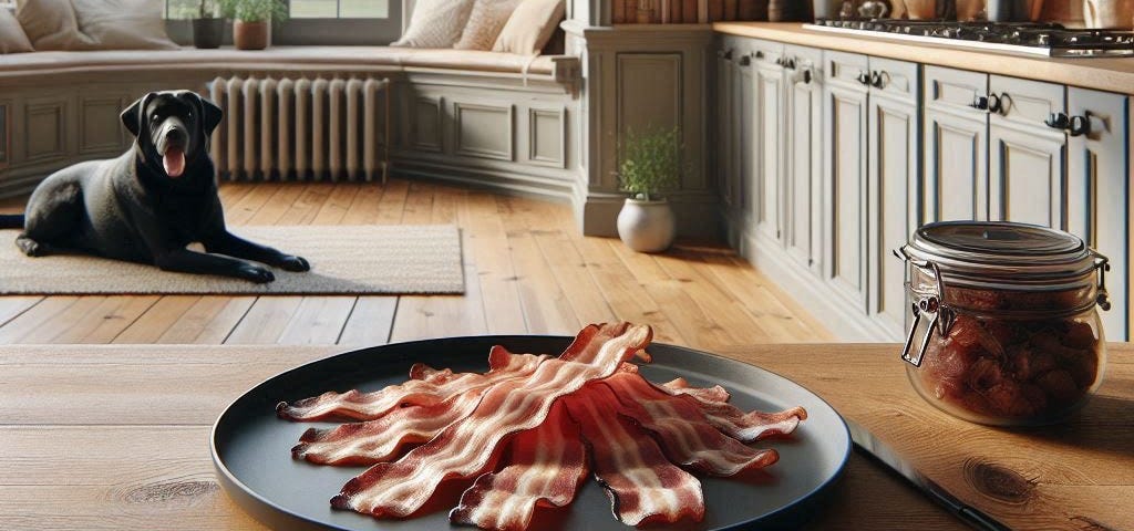 An AI generated picture of a plate of bacon in the foreground and a black lab in the background lying on a carpet.