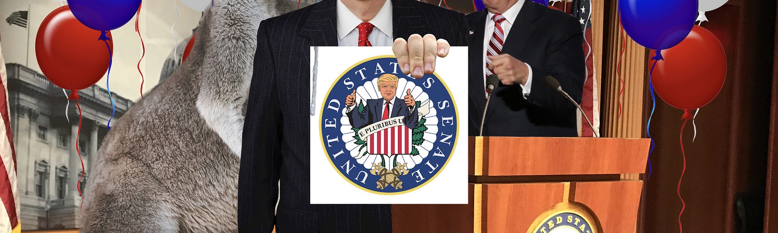 McConnell, Trump and a Kangaroo present a fake Senate seal.