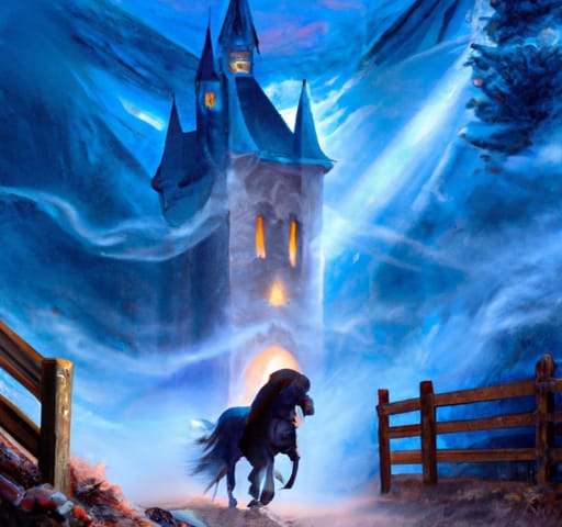 A black mare gallops away when a blue, ghostly storm engulfs the church behind her.