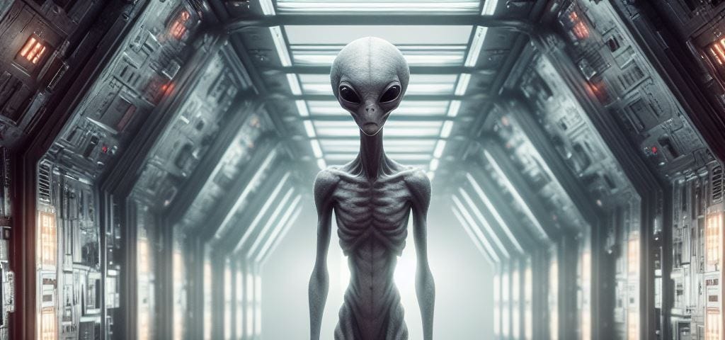 a thin grey alien, in the metallic corridor of a spaceship.