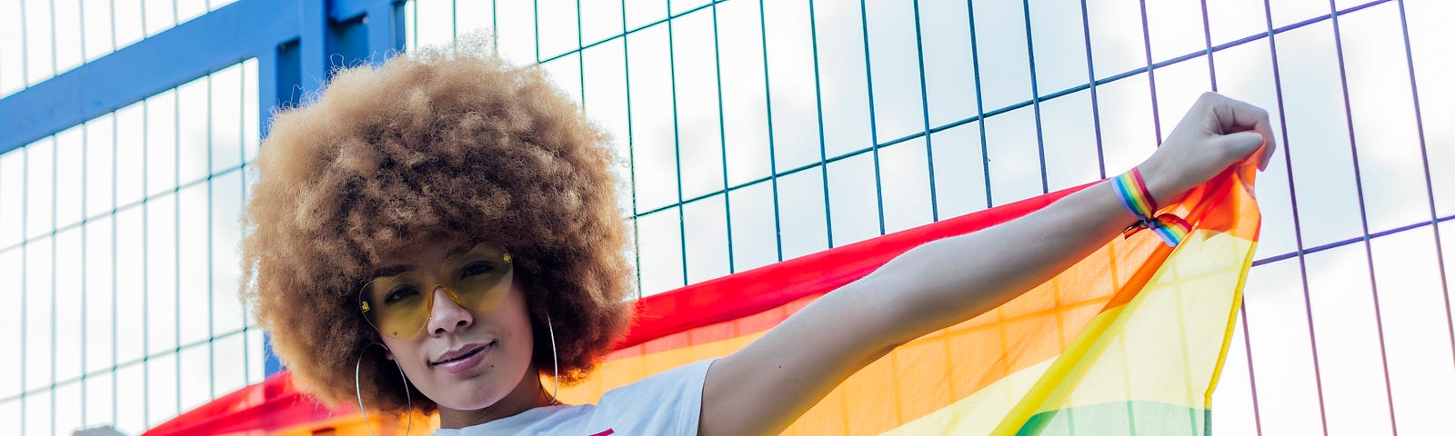 An individual holding a Pride flag. The author is not pictured.