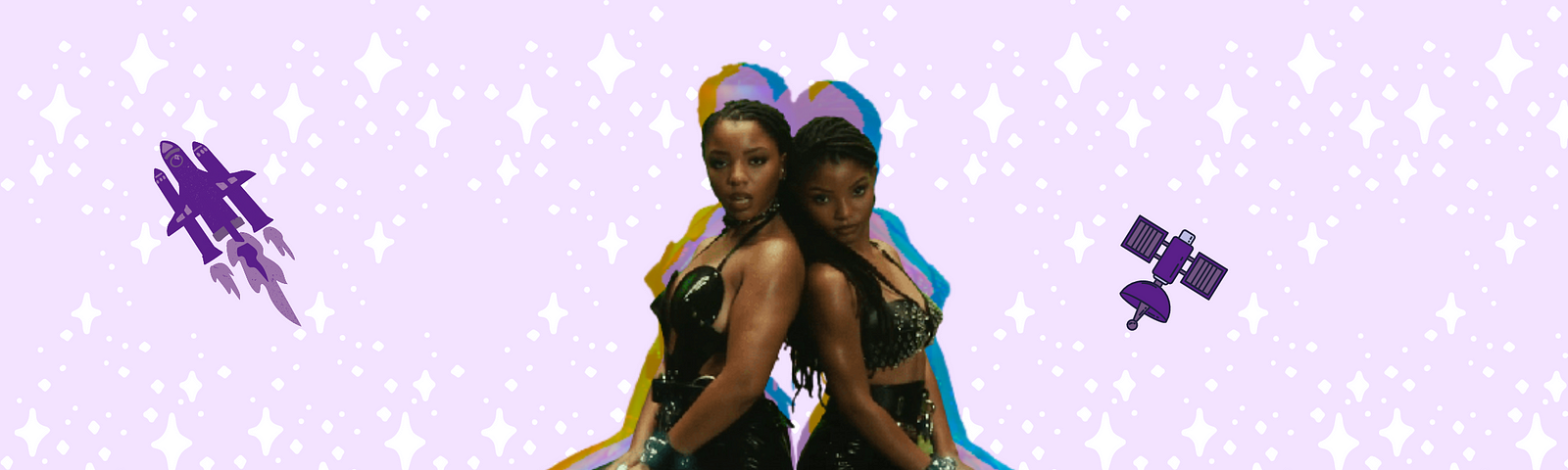 Musical duo Chloe x Halle sit atop the Earth, with stars surrounding them.