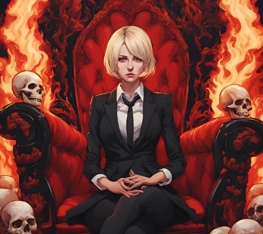 Image of Hegan — a blonde woman with short hair, wearing a business suit, sitting on a red throne with flames in the background, surrounded by skulls. She has red eyes as in the story, but the background is indicative of how Greta sees her