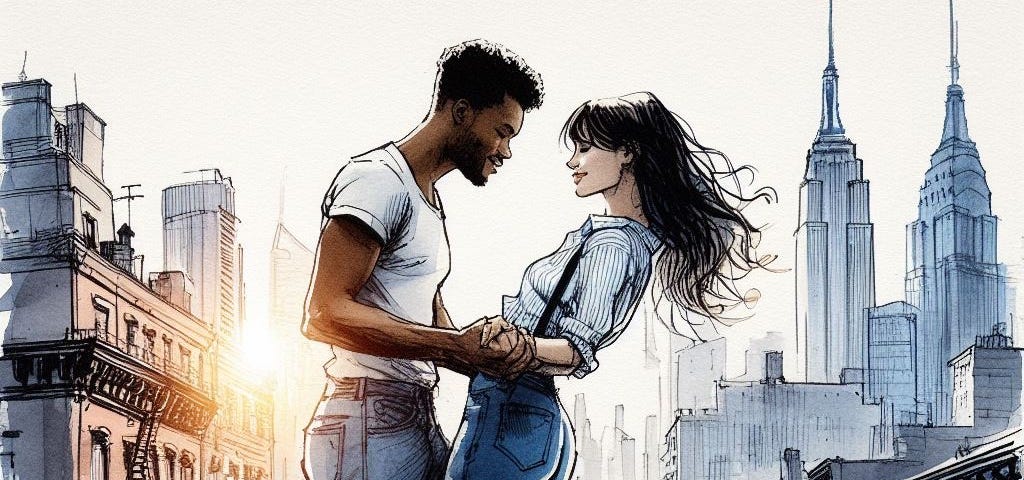 A sketch and watercolor image in the style of a New Yorker magazine cover, an interracial couple dancing on a rooftop dressed in jeans and t shirts,