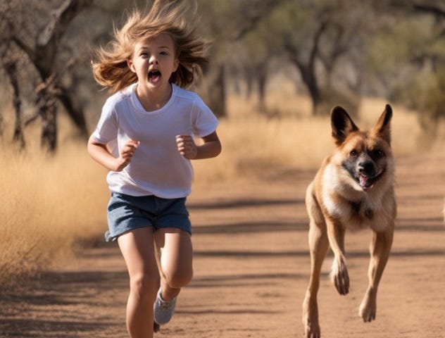 Picture of girl being chased down the road by a large dog.