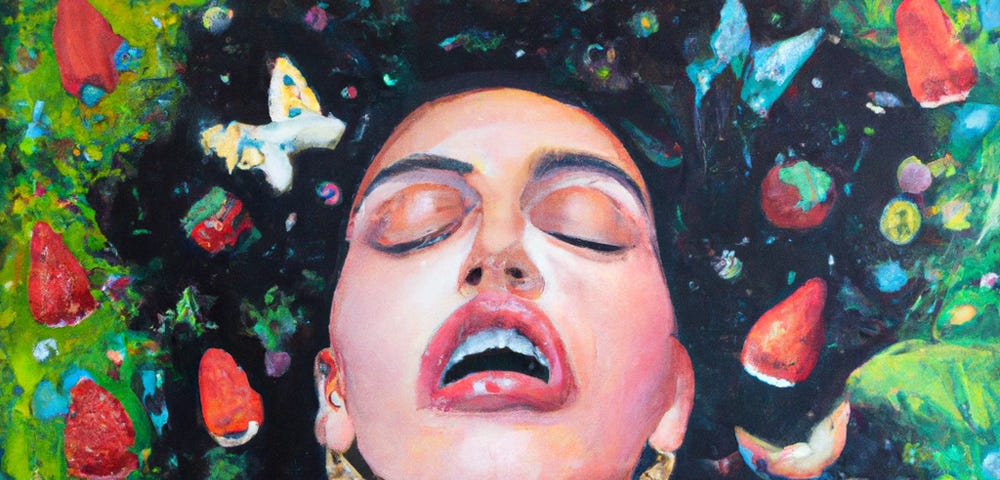 A digital painting of a woman with a penis-shaped head and no hair leaning back in sheer ecstasy into a black voice of strawberries and butterflies.