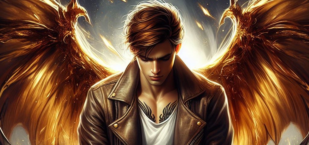 A young man in brown leather jacket with gold wings.