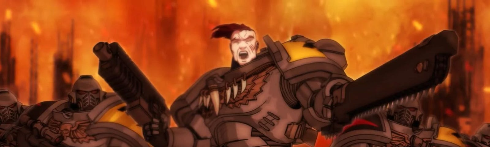 An animated image of five Space Wolves space marines. They all were bulky grey-blue powered armor. All but the center marine were helmets. The center marine points a chainsaw-sword past the camera and holds a sci-fi gun, a bolter, in the other hand. The other Space Wolves carry bolters. A city is on fire behind them. The image is likely from the Hammer and Bolter episode “Fangs”.
