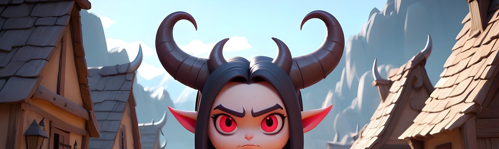 a young girl with large demonic horns, in a rustic village