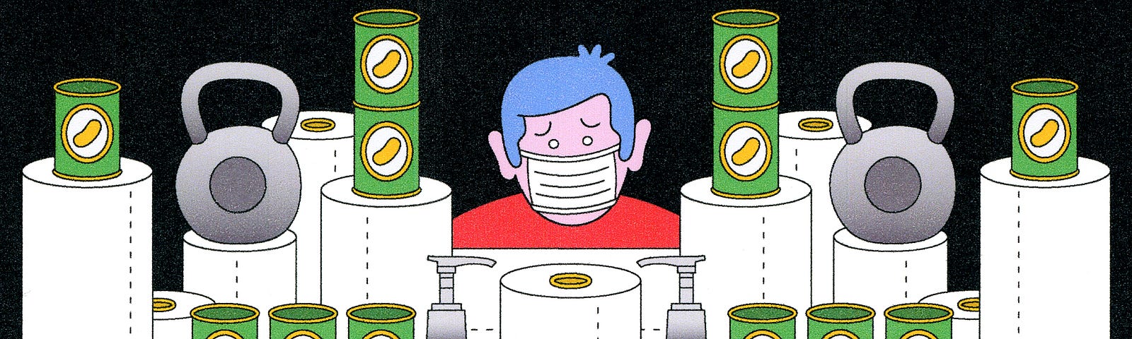 An illustration of a man wearing a face mask, surrounded by a stockpile of toilet paper, weapons ammo, kettlebells, and cans.