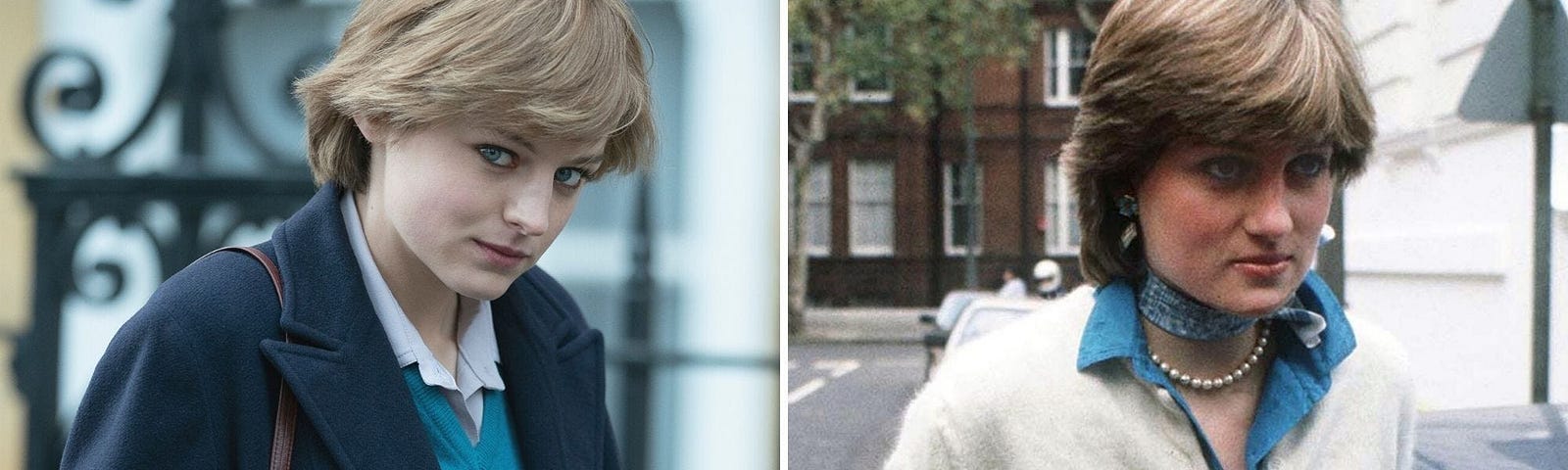 Emma Corrin as Princess Diana in “The Crown,” and Princess Diana outside her apartment in London in 1980.