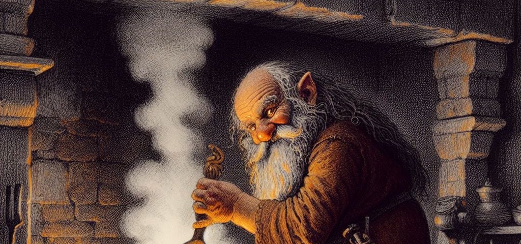 A dwarf tends a cauldron