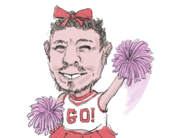 A cartoon of a man with a sketchy beard dressed in a high school cheerleader outfit