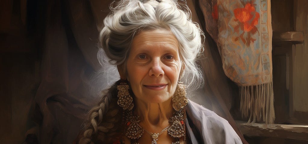 “Beautiful old woman by Alexandr Averin” [Midjourney-generated faceswap prompted by the author]