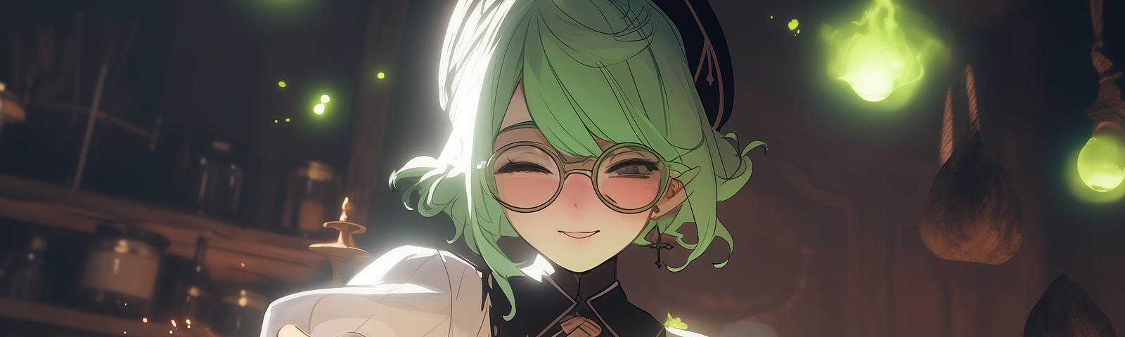 A girl with green hair and glasses makes in potion in a cauldron.