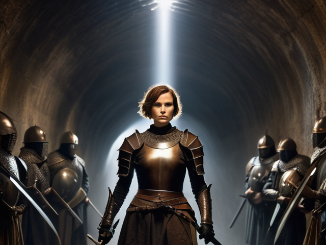 A woman in armor holding a sword in a tunnel with warriors in armor on either side of her.
