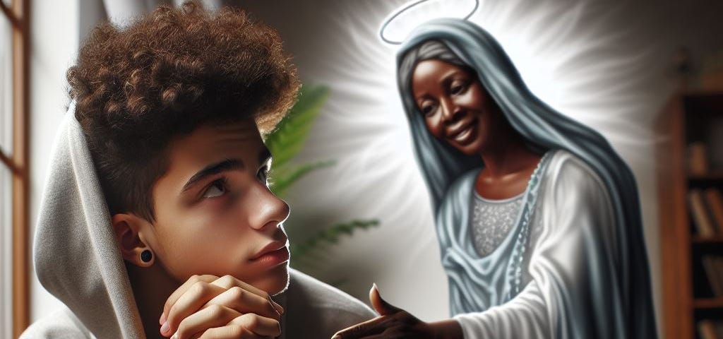 Teenage male talking to God, who is a black female angel.