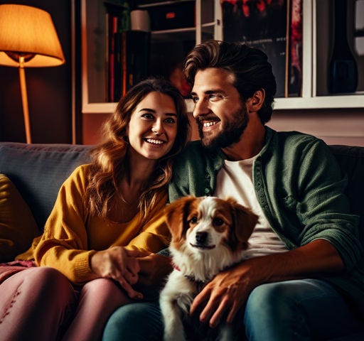 A young couple and a dog.