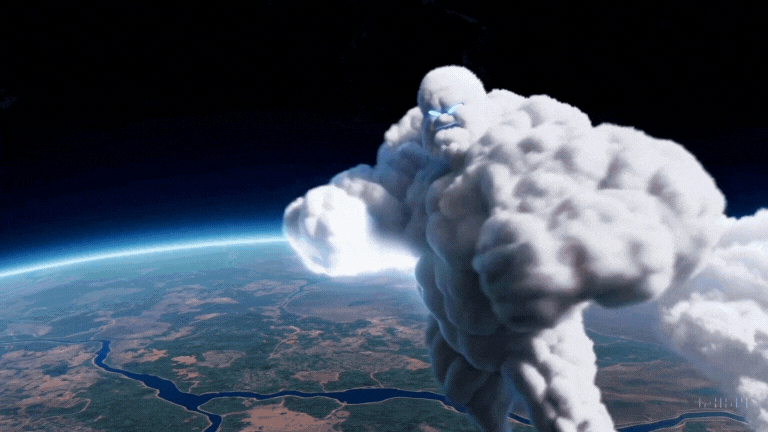 A giant, towering cloud in the shape of a man looms over the earth. The cloud man shoots lighting bolts down to the earth.