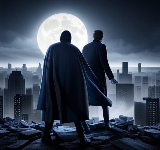 Two caped avengers standing on a rooftop overlooking the city