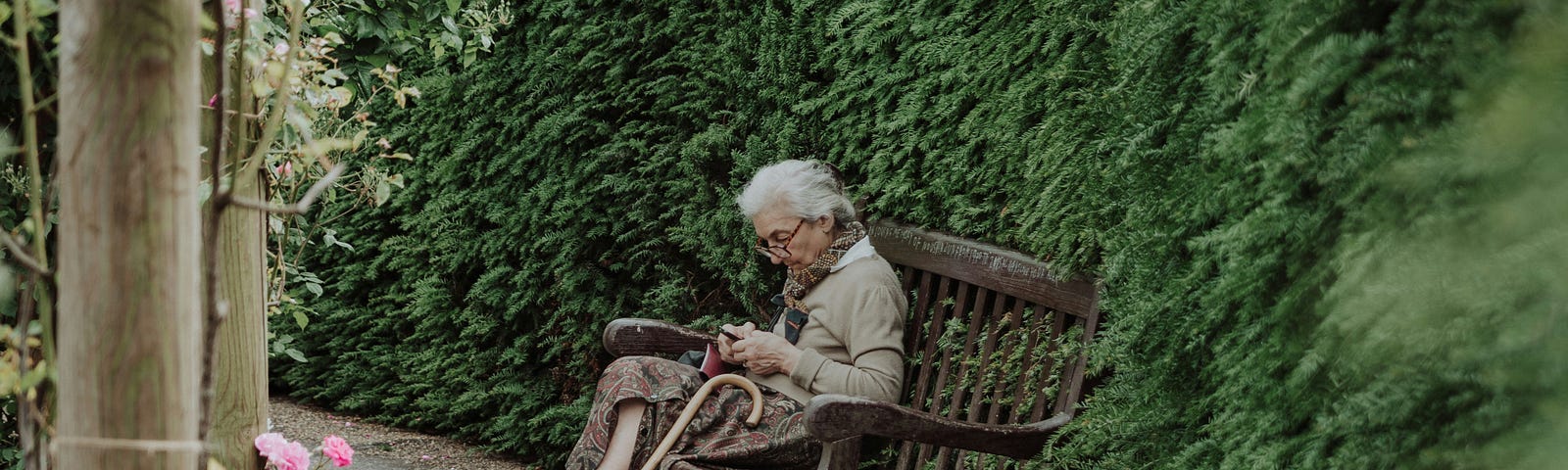 old lady sitting on a bench with cane