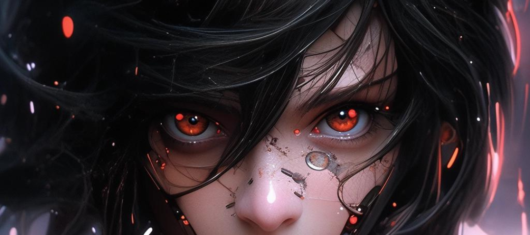 A female cyborg with red eyes and black hair looking into the camera.