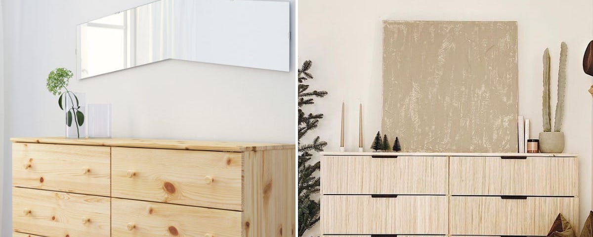 A before-and-after of Rebecca Heart’s fluted dresser hack.