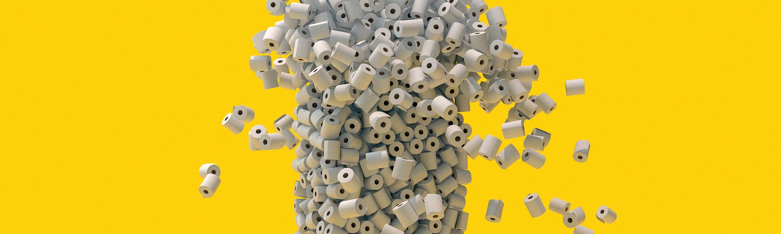 An illustration of hundreds of toilet paper rolls stacked up in a single shopping cart.