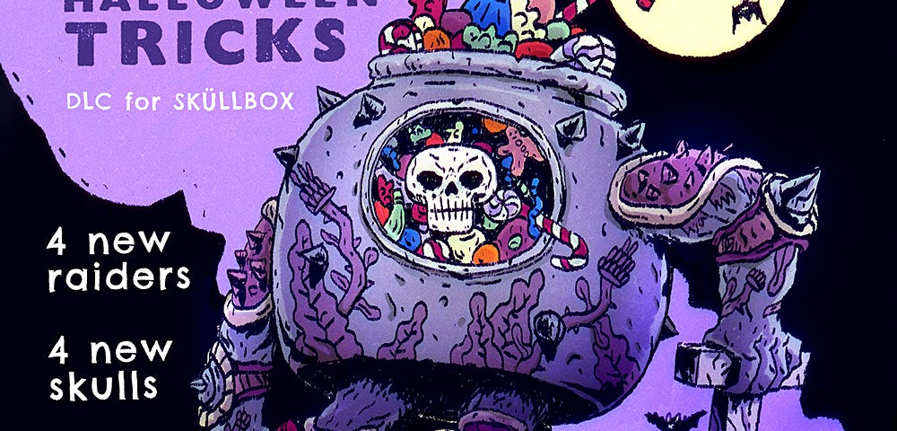 Cover to Skullbox: Halloween Tricks. Features an animated giant candy bowl, the Candybox, with a hole from with to see the skull inside. Candy spills out the top. The bowl has thick and armored arms and legs. It’s colored in violet and indigo hues. It sits on a coffin behind an unaware raider, wearing brassy armor with a sword and shield. Headstones and pumpkins are on the ground. Bats are seen against a full moon.