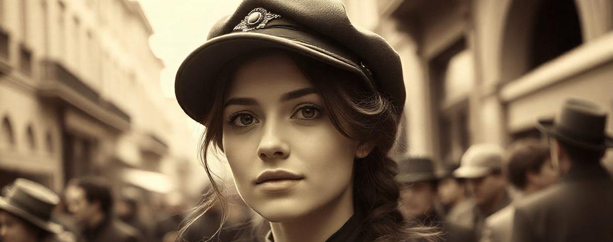 sepia photo of a roguish and pretty young woman in a cap, in a crowded historical street