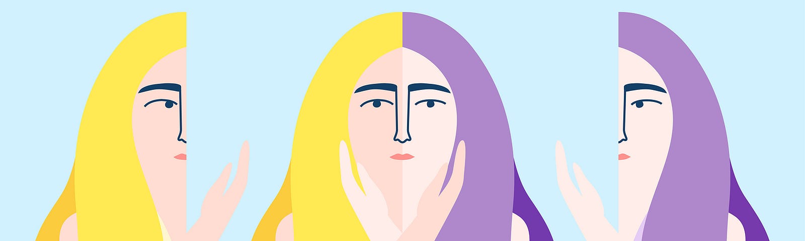 An illustration of a woman, split in half with 2 different colors, crossing her arms and holding her face.