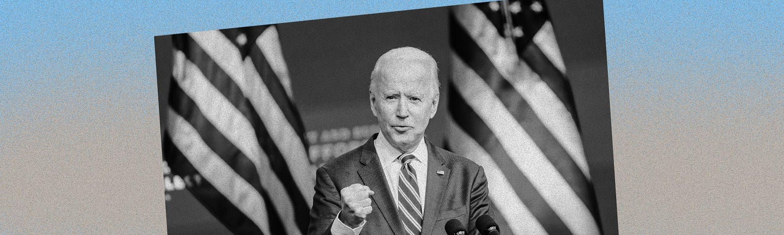 Black and white image of Joe Biden giving a speech against a blue and silver background.