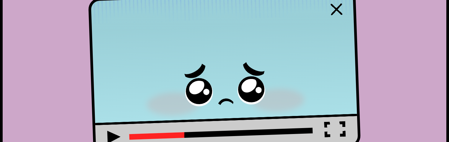 Cartoon of a sad looking video player with the text: the video element had many problems… and it didn’t have a ::cue how to fix them