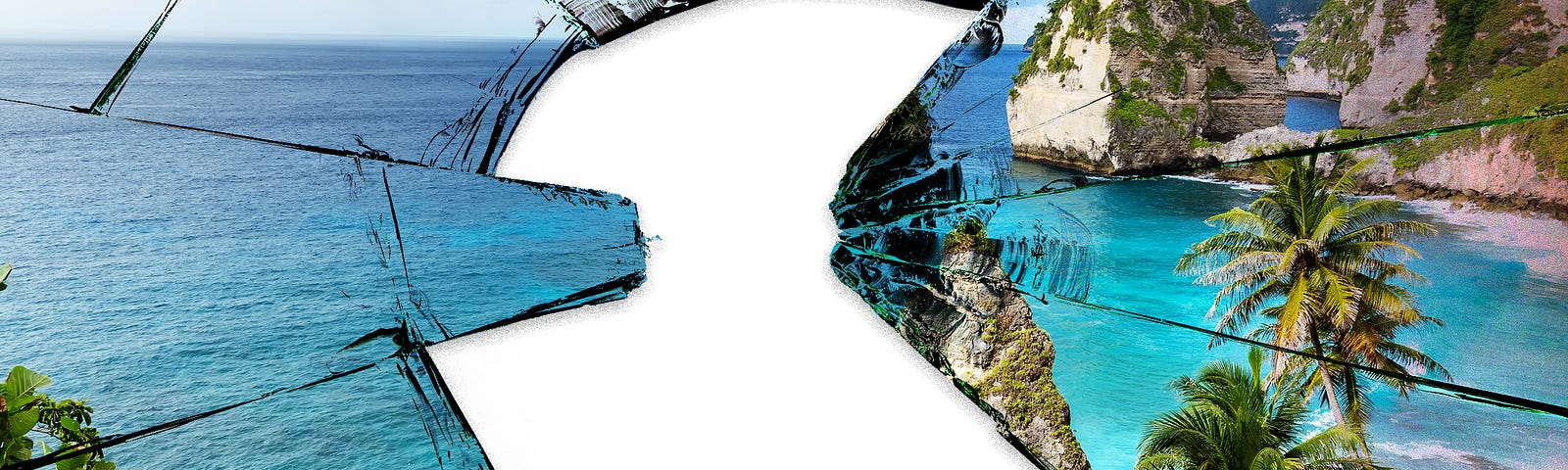 A photo illustration of a beach view of Bali shattered like glass with a giant hole in the middle.