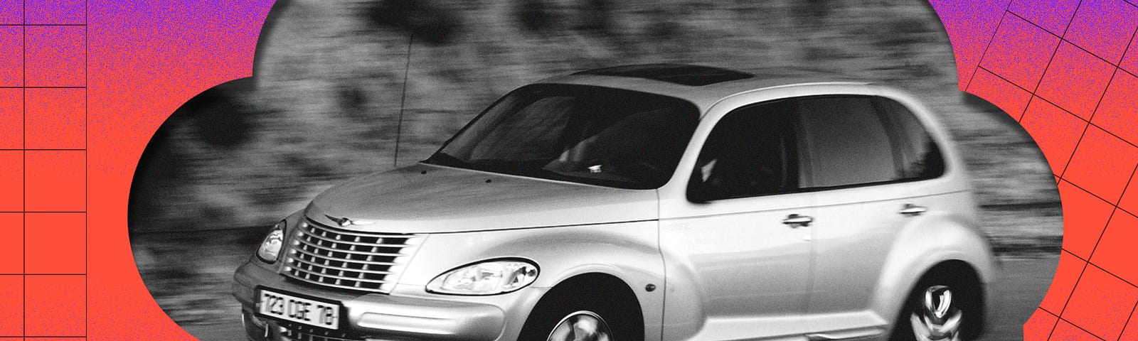 A black and white photo of a PT Cruiser photoshopped onto a thought bubble.